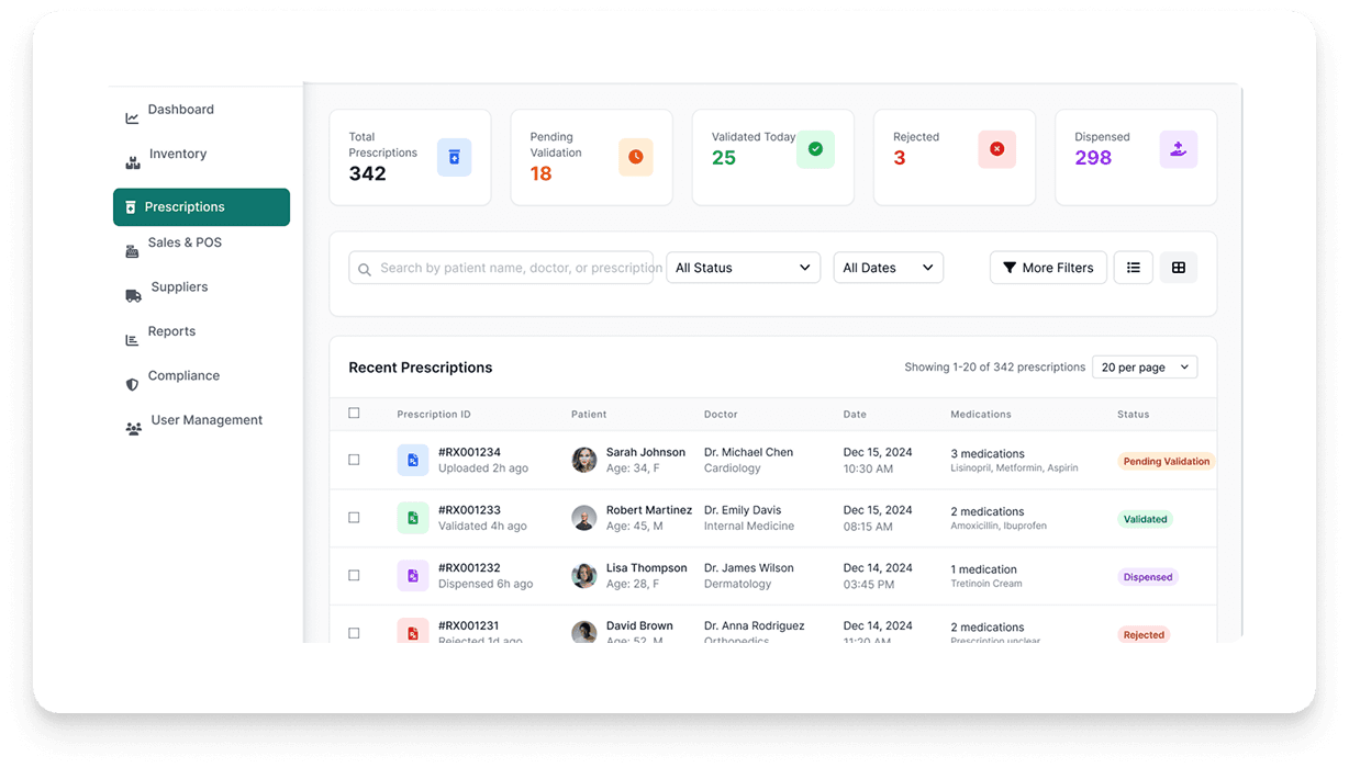 Prescription management dashboard interface